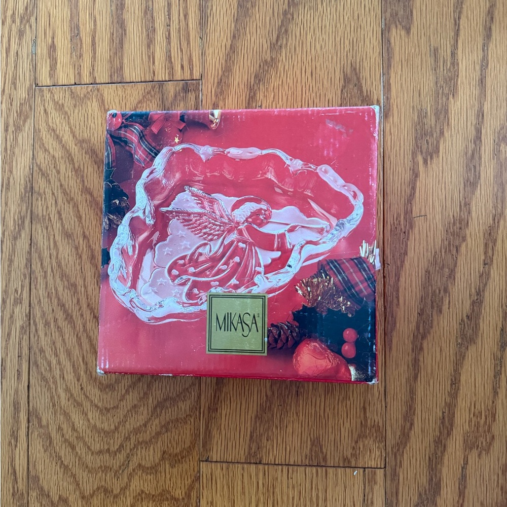 Mikasa Red Angel Glass Tray Sweet Dish 7 3/4” Christmas Holiday Trumpet